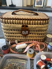 Vintage Sewing Basket With Contents , Various From Cotton To Pins , Needles Etc