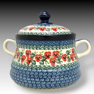 Ceramika Artystyczna Polish Pottery Covered Baker Red Pansy 2.5 Qt Handpainted