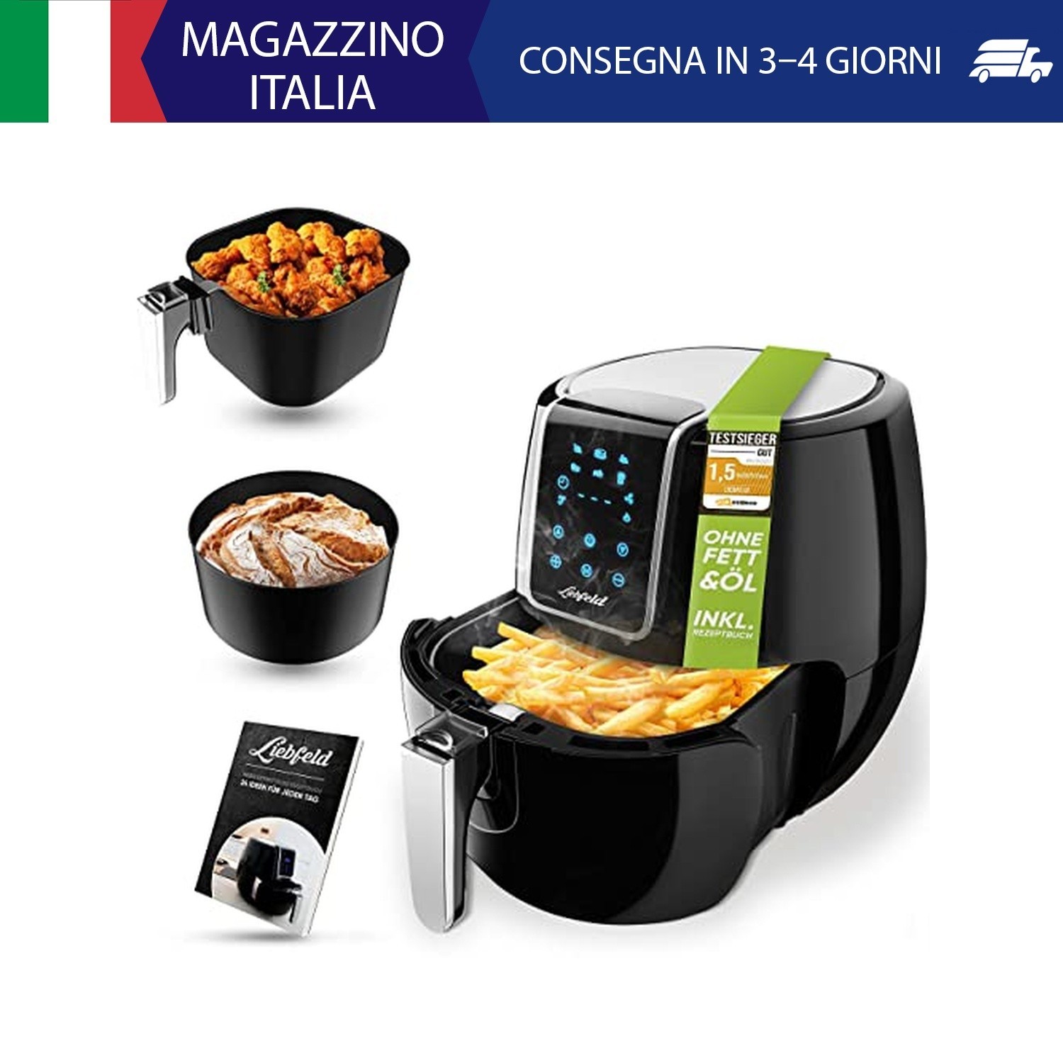 Liebfeld - Kit friggitrice ad aria calda [1800 W] con cestino per il pane I Airf