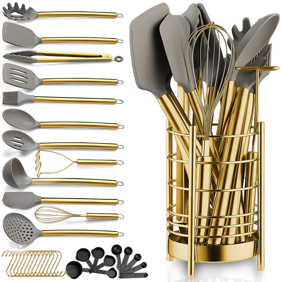 Gold Kitchen Utensils Set, 38 Pieces Non-stick Silicone Cooking Tools Spoon S...