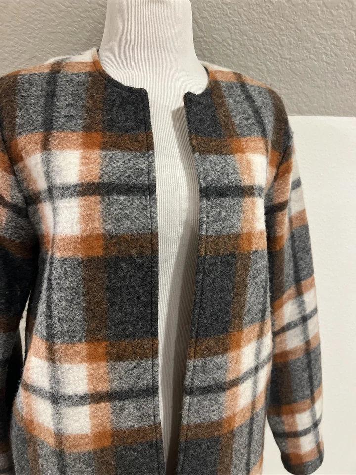 Max Studio Wool Blend Plaid Open Front Coat Women’s Size S Gray Rust - Image 2 of 4