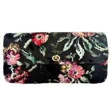 Vintage Black Floral Velvet Tapestry Clutch Brass Lock, Cottage Romantic Evening