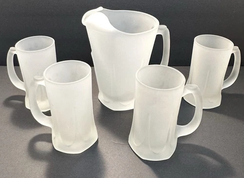 Vintage Indiana Tiara Frosted Glass Pitcher & 4 Beer Steins Thumb Rest Paneled