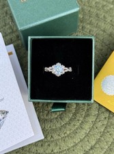 1CT Moissanite Ring, Blue-Green, Vintage Floral Halo, GRA Certified, Size 6