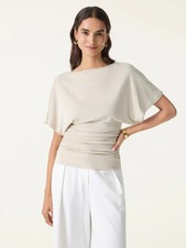 Womens Boat Neck Batwing Sleeve Ruched Stretc...
