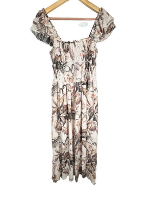 All Saints Mali Ukukshisha Midi Dress 6 Neutral Safari Animal Print Boho Flutter
