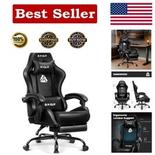 Ergonomic Gaming Chair with Lumbar Support  Footrest - Adjustable Black Leather