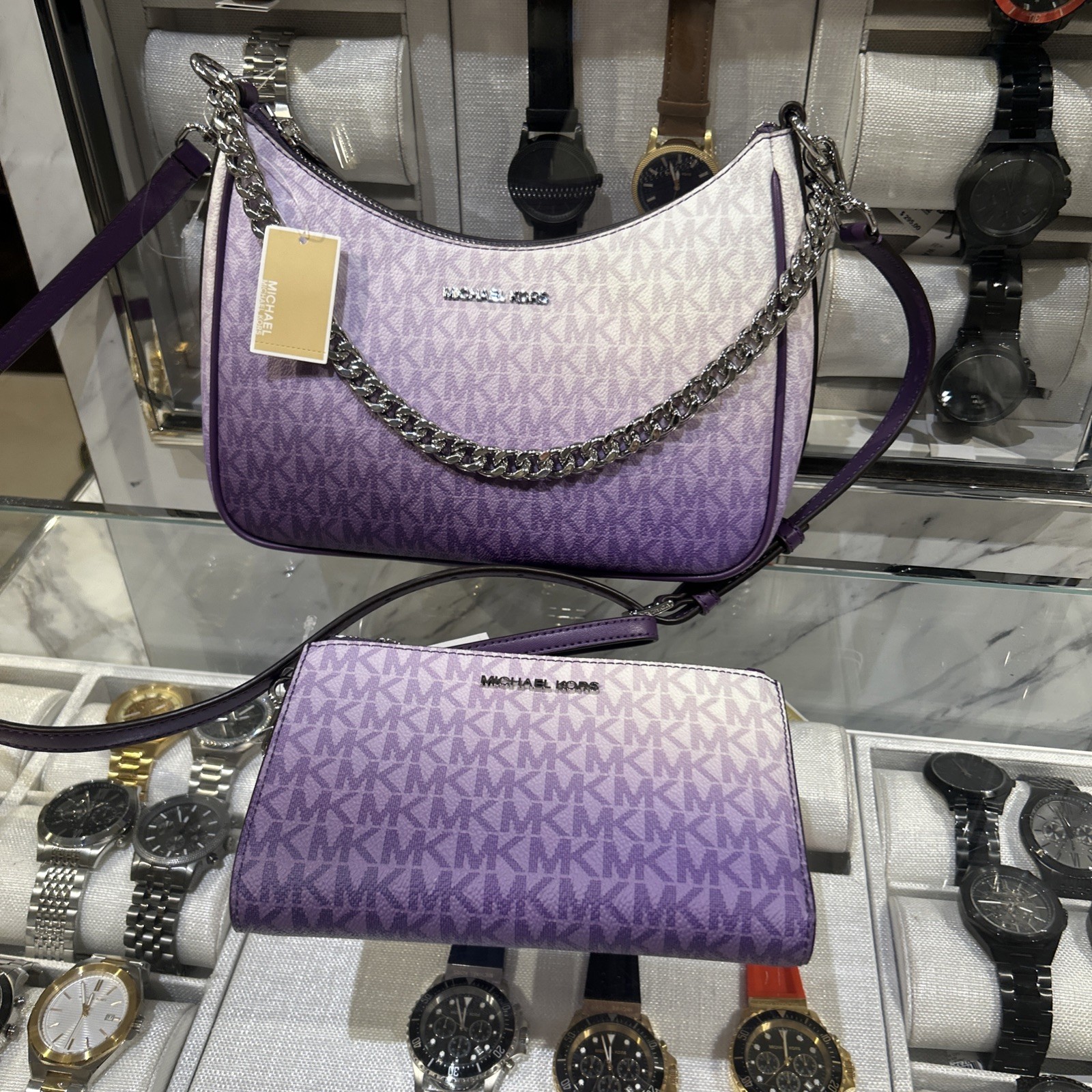 Michael Kors Large Women Pochette Ombré Logo Crossbody Bag Dark Purple + Wallet thumbnail 5