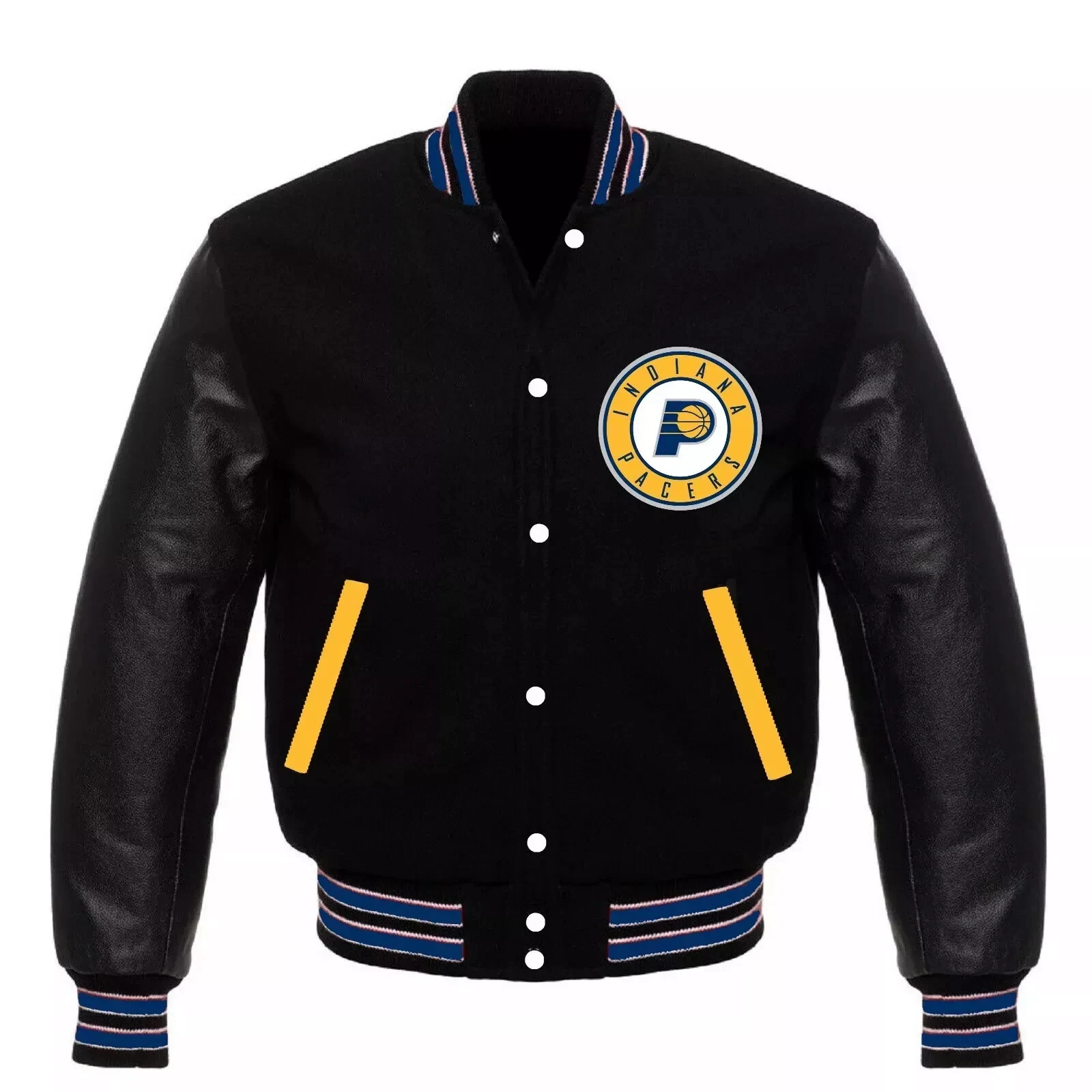 NBA Indiana Pacers Varsity Jacket – Black Wool & Leather Bomber Style Coat