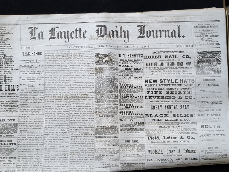 19thC large newspaper La Fayette Daily Journal lots of history & advertising