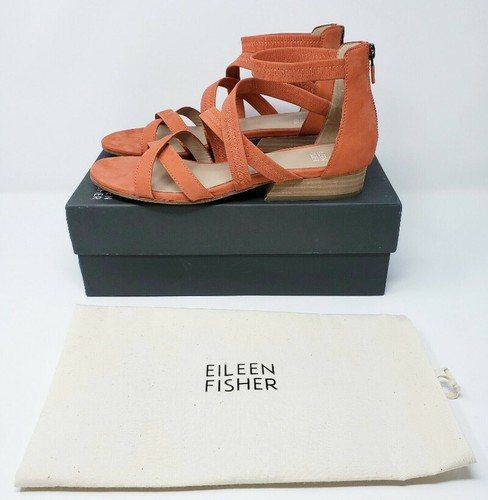 $235 Eileen Fisher Strappy Sandal 7 1/2 Orange 7.5 Leather Stretch Gladiator - Picture 8 of 12
