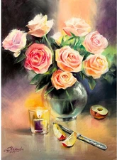 Roses Painting Flower Bouquet Candle Still Life Modern Realism Collectible Art