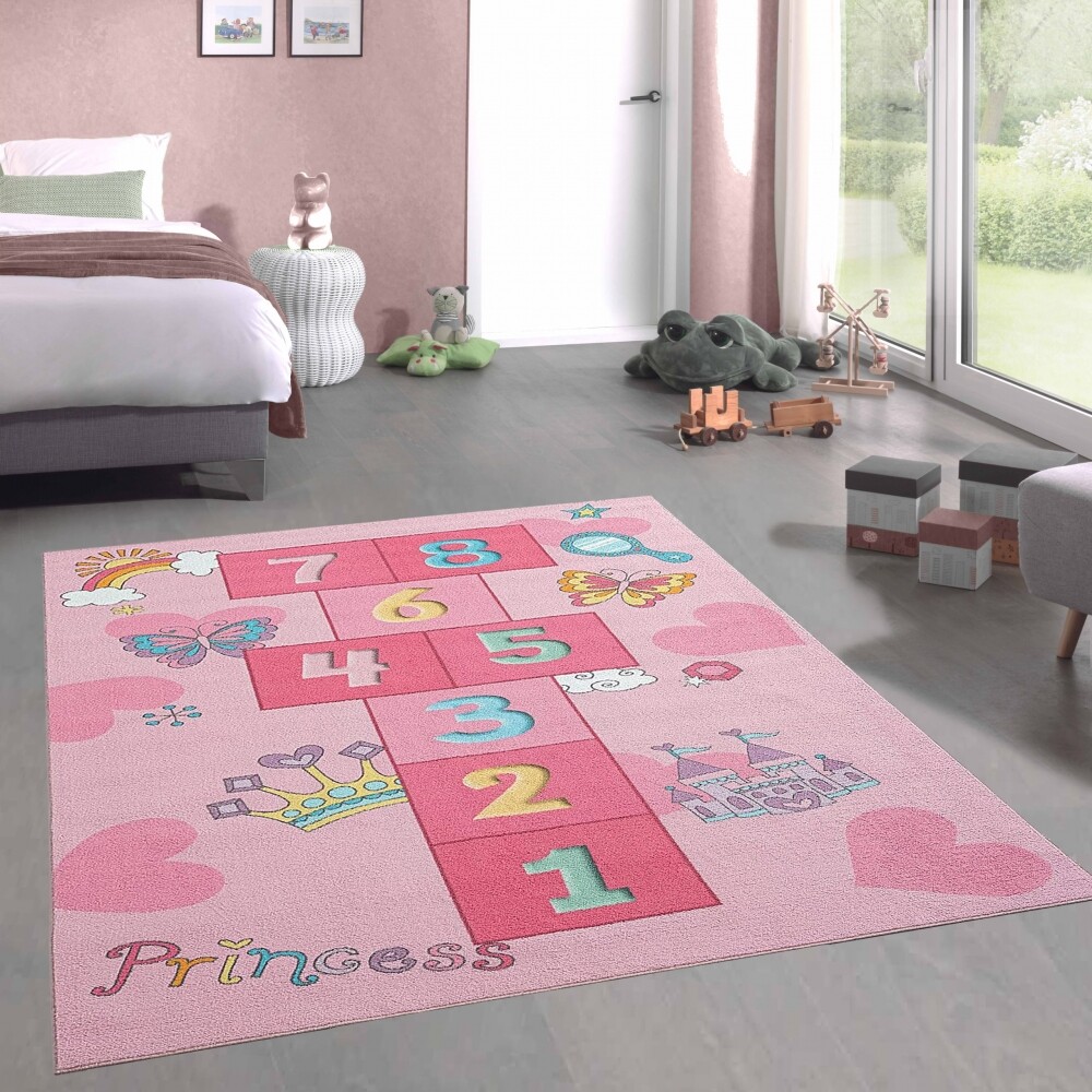 Alfombra de Salta Juego Infantil Corona Corazones y Castillo de Princesa en rosa