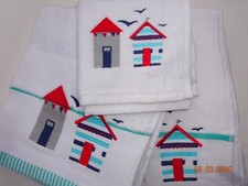 Bath, Hand Face Towels.  White with Lovely Embroidered design  Beach Huts