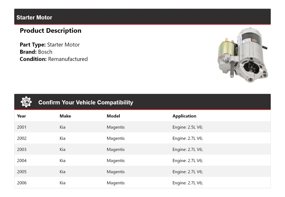 Arranque para Kia Magentis Bosch 2001-2006 (remanufacturado) 2002 2003 2004 2005 Foto 2 de 4