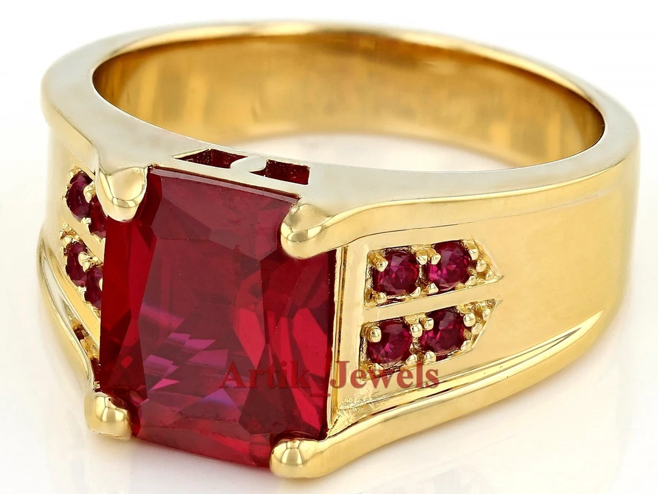 Lab-Geschaffener Rubin Edelstein Mit 14K Vergoldetem Silberring Für Herren #856 - Bild 2 von 4