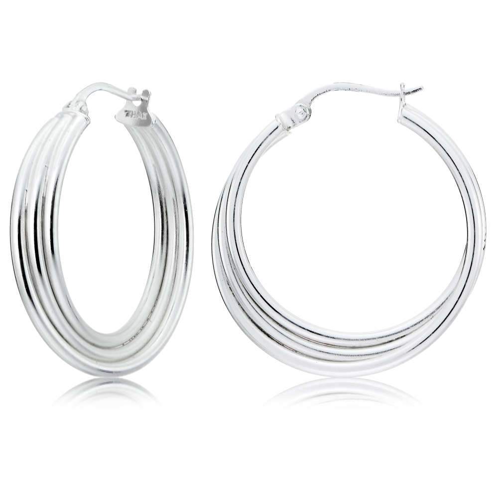 Sterling Silver Triple Row Twisted Round Hoop Earrings