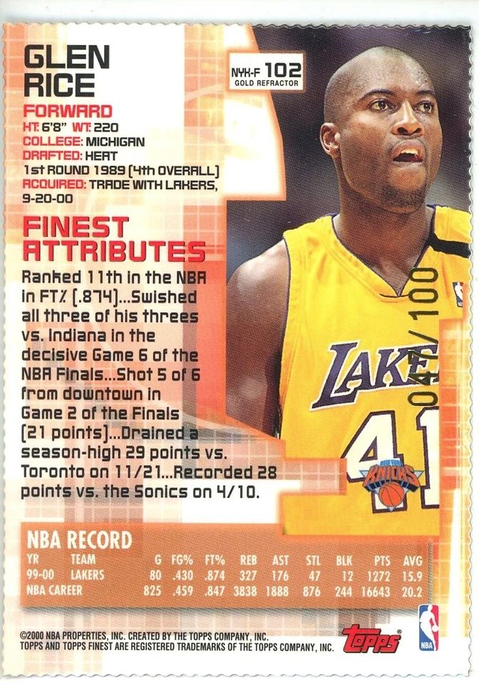 2000-01 Topps Finest Gold Refractor #102 Glen Rice Los Angeles Lakers - Image 2 of 2