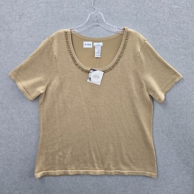VINTAGE Jaclyn Smith Women Top XL Brown Beaded Holiday Short Sleeve NWT