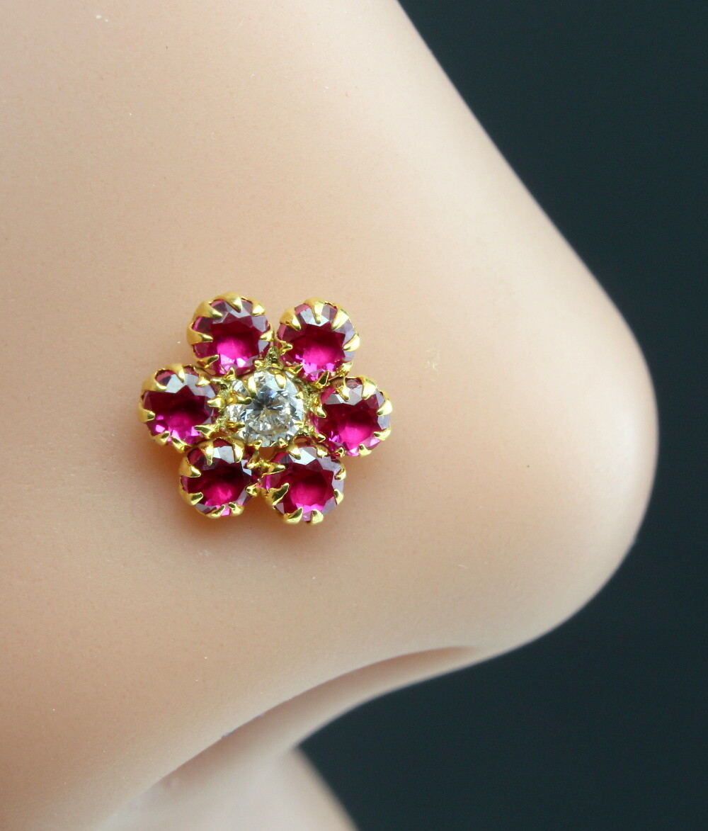 Daisy Gold Nose stud Pink White CZ 14K Ethnic Indian piercing nose