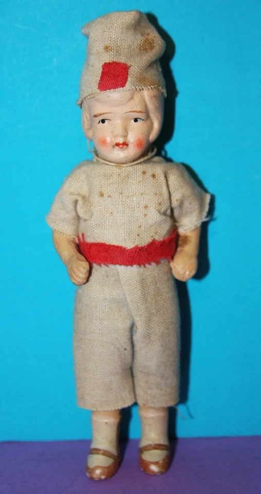 Antigua ropa vintage de 1920 de 7" TODO bisque de cerámica para niño fieltro brazos encordados Foto 4 de 4