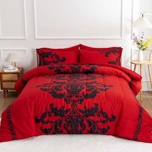 Boho Paisley Black Flower Soft Microfiber Comforter Set,Red King Modern Luxury D - 第 1/9 張圖片