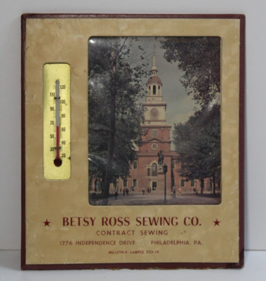 Working 1950s Old Vintage BETSY ROSS SEWING Thermometer Sign Philadelphia PA USA