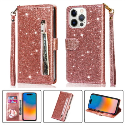 Case For iPhone 17 16 15 14 Pro Max 13 Glitter Bling Leather Wallet Flip Cover