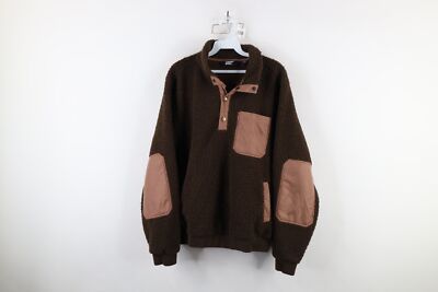 Vtg Lands End Mens M Elbow Patch Deep Pile Fleece Snap Button Pullover Sweater