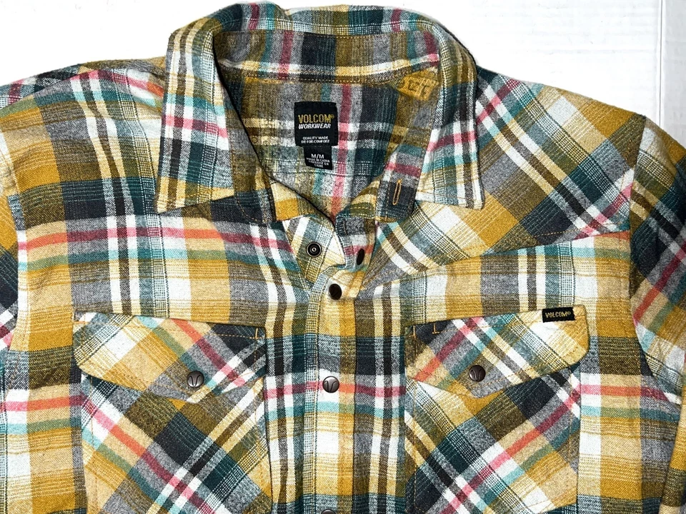 Volcom Yellow Plaid Striped Snap Button Down Flannel Long Sleeve Shirt Top Men M - Image 2 of 4