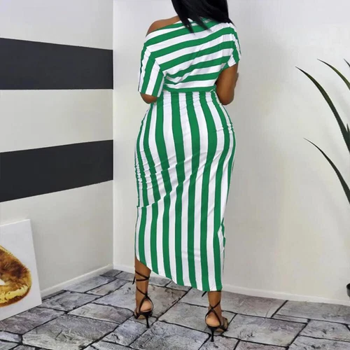 Women's Striped Sexy Cold Shoulder Midi Dress Summer Holiday Party Split Dresses - Imagen 5 de 23