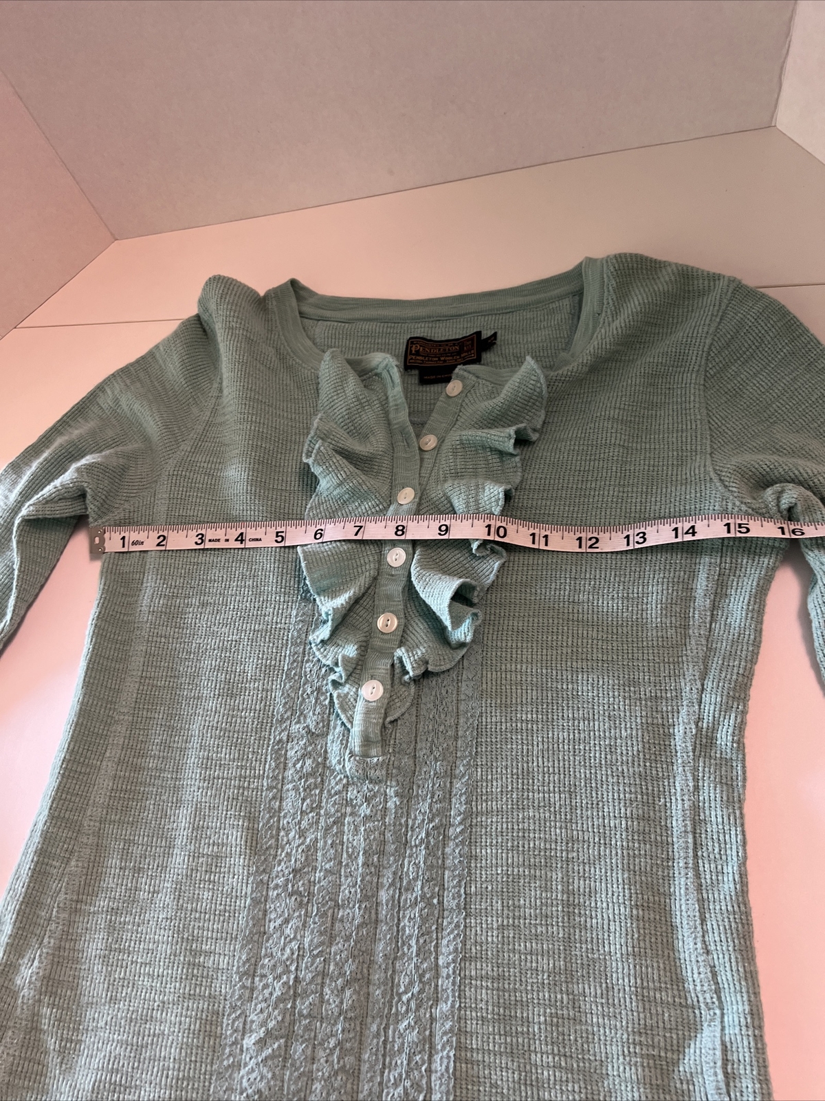 Adorable Mint Green Ruffled Pendleton Cotton Swea… - image 11