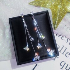 Fashion Lovely Butterfly Crystal Zircon Long Tassel Drop Dangle Earrings Jewelry