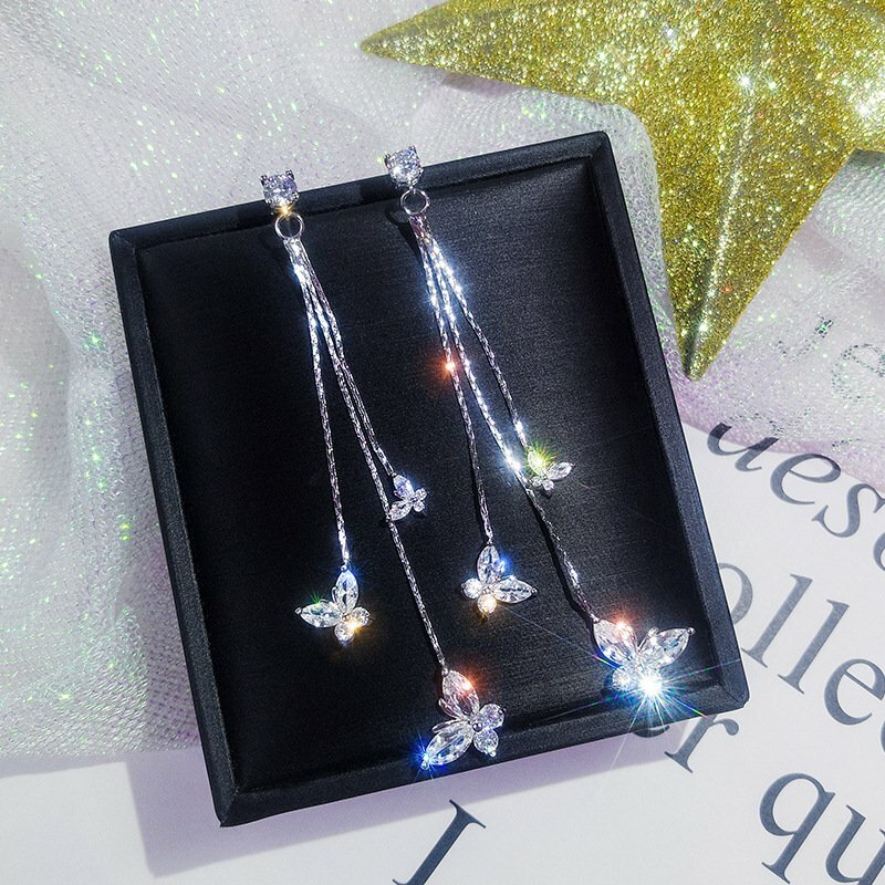 Moda Preciosos Pendientes Colgantes Borla Larga Circón Cristal Mariposa Joyería