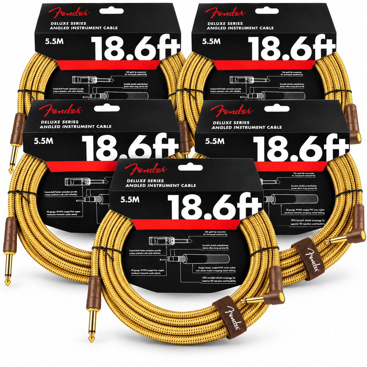 5-PACK Fender Deluxe 18.6FT Straight - Angle 20AWG Tweed Instrument Cable