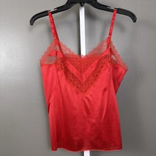 Vintage Vanity Fair Camisole Cami Top 36 Red Antron III Nylon Wide Lace V-Neck