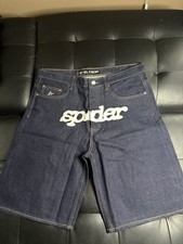 sp5der Mens Blue Denim Shorts Logo Button Fly...