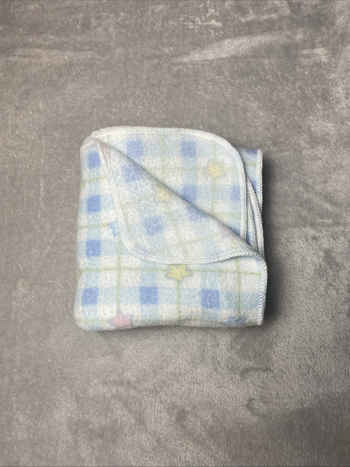 Vintage Plaid Baby Blanket Blue Checker Pastel Stars Soft Flannel Lovey USA MADE - Image 2 of 4