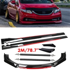For Honda Civic Sedan Glossy Black Look Red Front Lip Chin Bumper Side Skirt