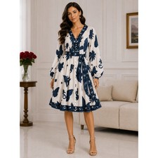 Banana Republic Butterfly Print Balloon Sleeve Dress Navy White Petite 14 790135