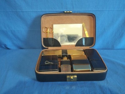 Vintage 1950s/60s 1900s Men's Travel Toilet Set Fine Ebony Leather Case