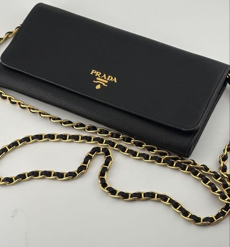 PRADA Leather Black Shoulder Chain Wallet 10cm x 21cm, Used, Slight Signs Authen