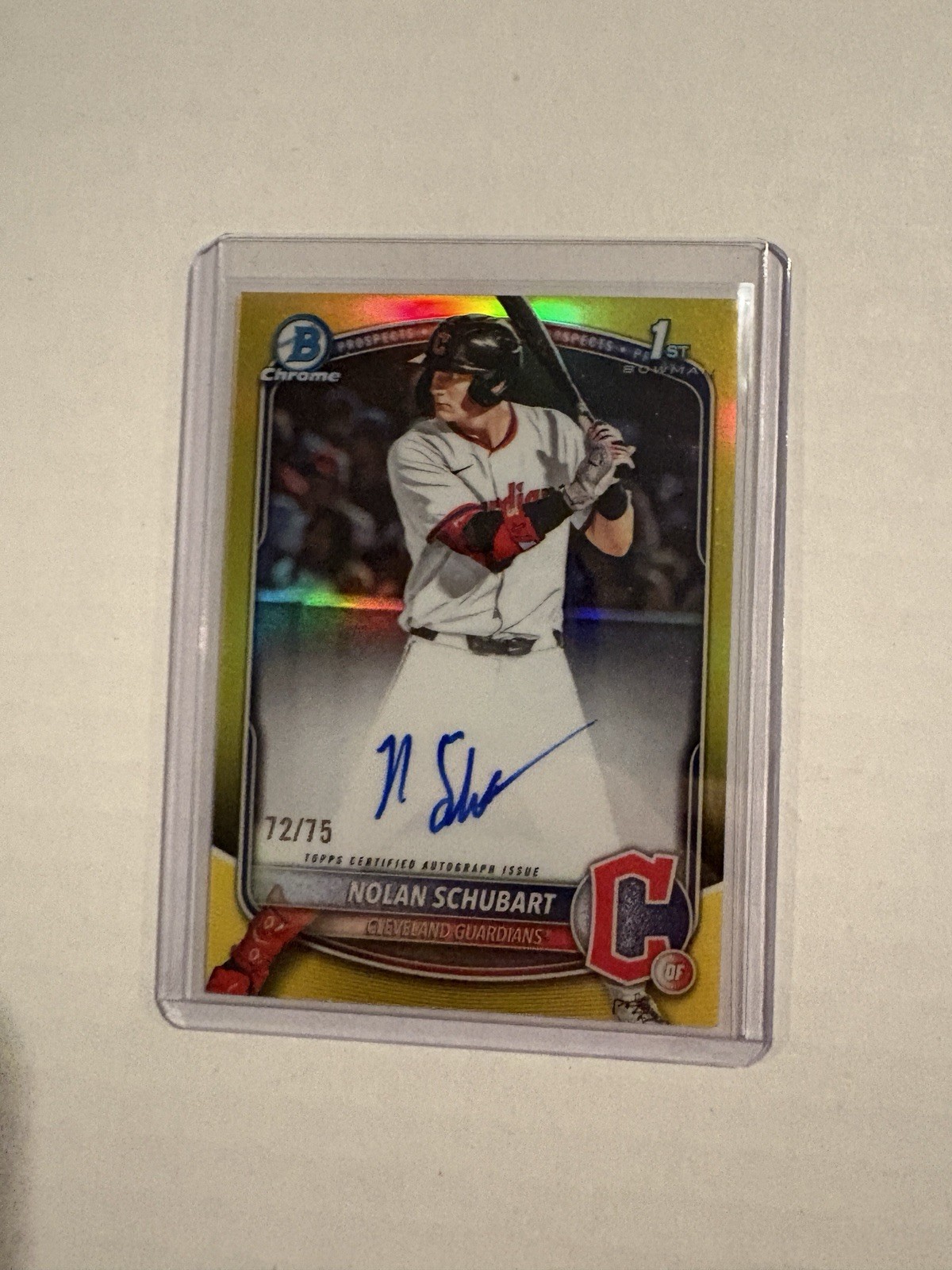 2025 BOWMAN DRAFT NOLAN SCHUBART CHROME 1ST BOWMAN YELLOW REFRACTOR /75 auto