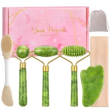 6Pcs Jade Roller for Face,Gua Sha Facial Tools Women Natural Face Green