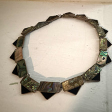 1940’s Signed 925 Mex Sterling Silver Necklace Abalone Inlay & Onyx Hook