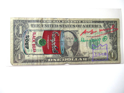 C) A. WARHOL/K. HARING/J. M.BASQUIAT: 1US$ ORIGINAL  3x SIGNIERT, SKIZZIERT