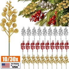 10/30x Christmas Glitter Berries Stems Artificial Red Berry Branches Holly Picks