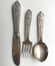 Vintage Silverplate Gorham Cock A Doodle Doo Rooster Childs Fork Spoon Knife Set