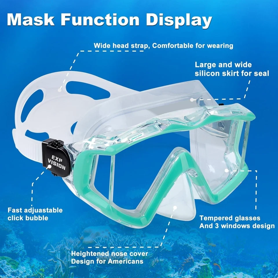 Adult Pano 3 Window Scuba Diving Mask, Tempered Glass Snorkel Mask Anti-Fog Swim - image 3 of 4