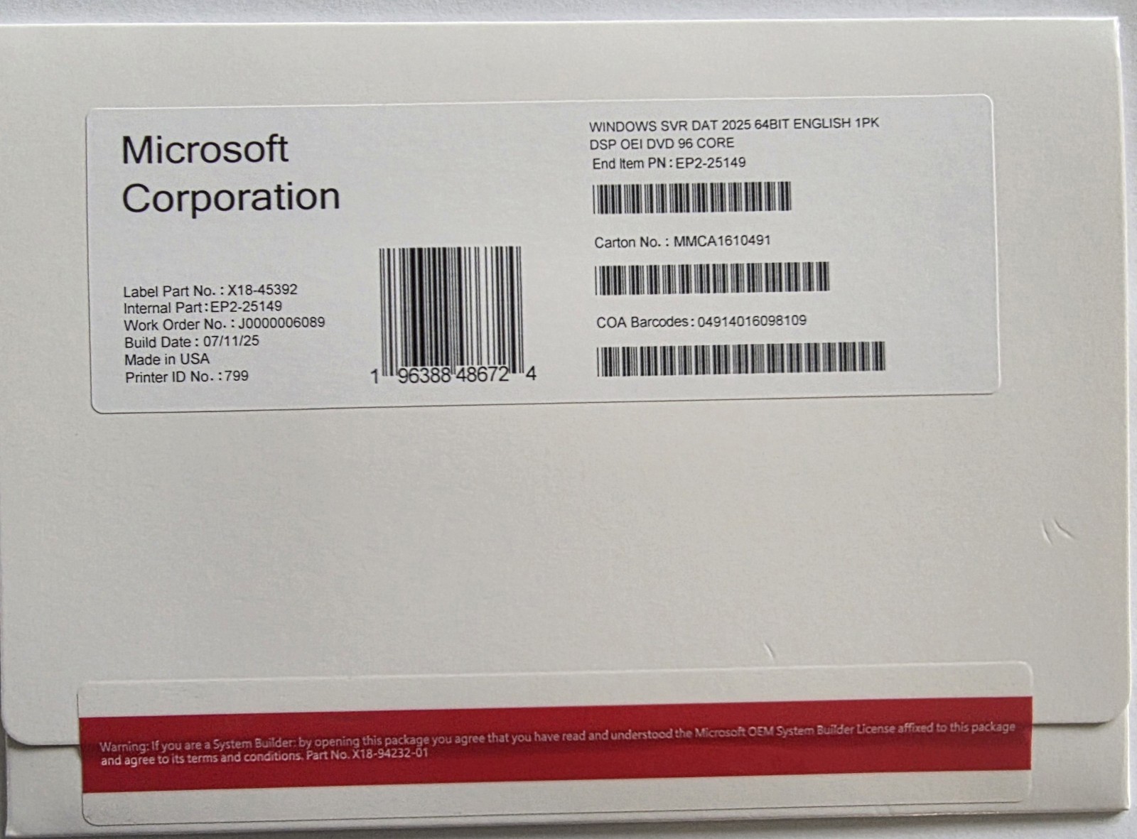 Microsoft Windows Server 2025 Datacenter 96 Core DVD+ Key (NEW)